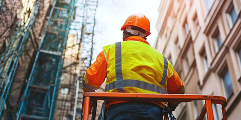 A construction worker in a bright orange suit operates an elevator in an urban setting. Building maintenance concept, urban construction and safety protocols