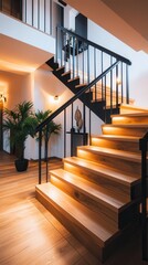 Stylish wooden staircase with modern lighting, surrounded by greenery, creating a welcoming atmosphere in a contemporary home.