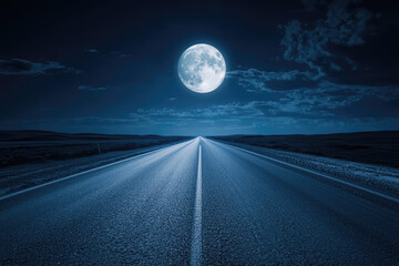 A lone highway stretches endlessly under a full moon, bathed in ethereal moonlight. The road, a ribbon of asphalt, leads towards an unknown destination, promising adventure and mystery.