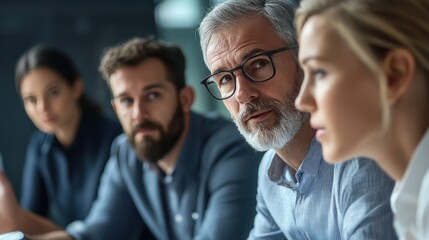 Obraz premium Group of executives discussing collaborative strategy for business objectives, showcasing clear facial expressions