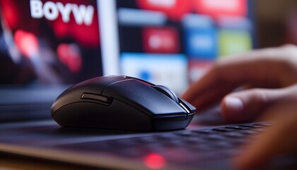 Close-up of hand using a computer mouse and laptop, highlighting digital interaction and technology in modern workspace environment.