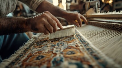 Close-up of hands meticulously weaving a colorful, intricate rug with traditional craftsmanship in a workshop setting.