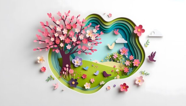 Paper cut and Craft Scene of Scenic Cherry blossoms landscape