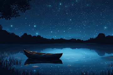 A lone boat rests on the tranquil lake, bathed in the soft glow of a star-studded night.