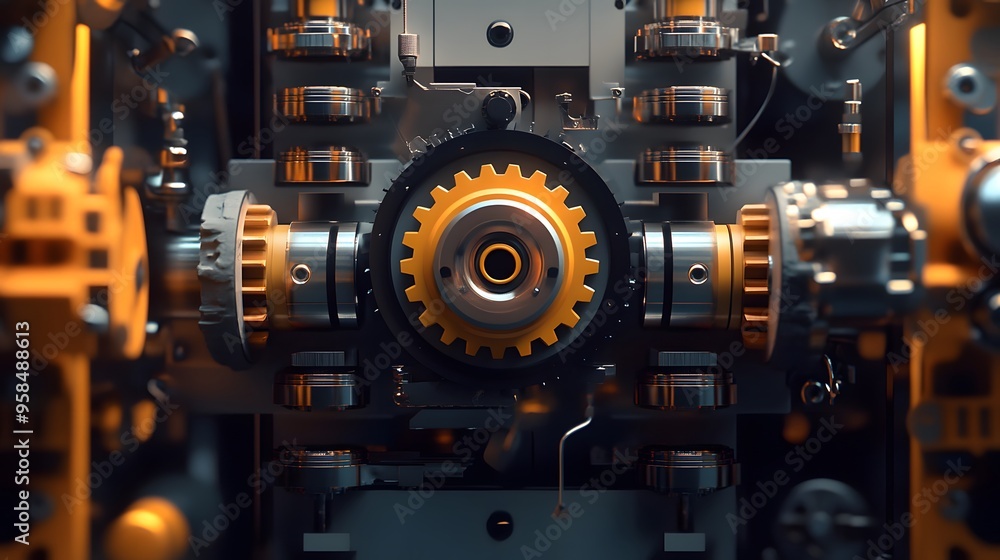Poster close-up view of a mechanical gear component in a complex industrial machine, showcasing engineering