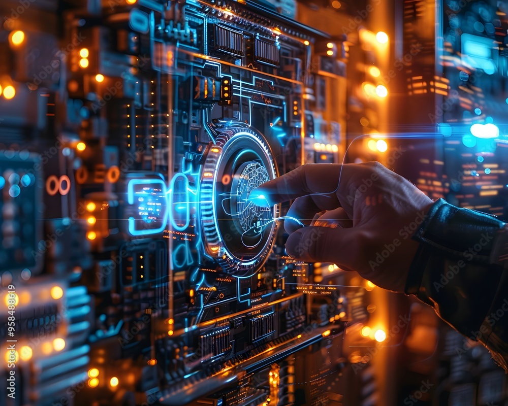 Aufkleber close-up view of a hand interacting with futuristic digital interface, surrounded by glowing circuit