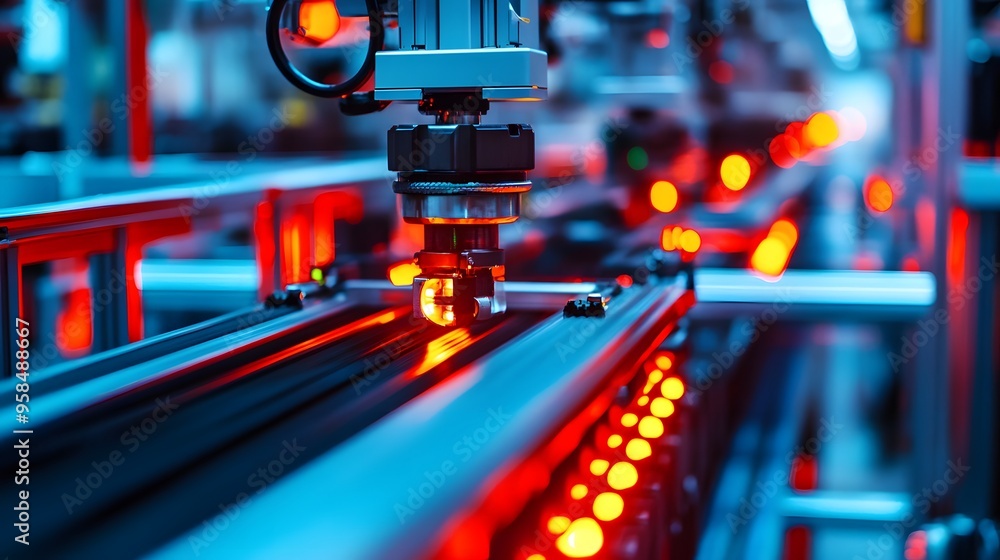 Poster close-up view of a modern automated machine in a high-tech factory, showcasing industrial precision 