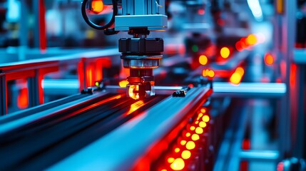 Close-up view of a modern automated machine in a high-tech factory, showcasing industrial precision and advanced technology in manufacturing.