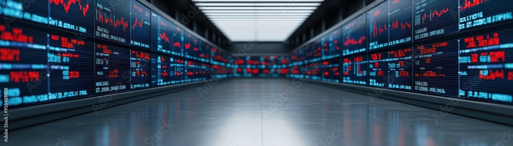 Poster futuristic stock market trading room with illuminated screens displaying financial data and charts i