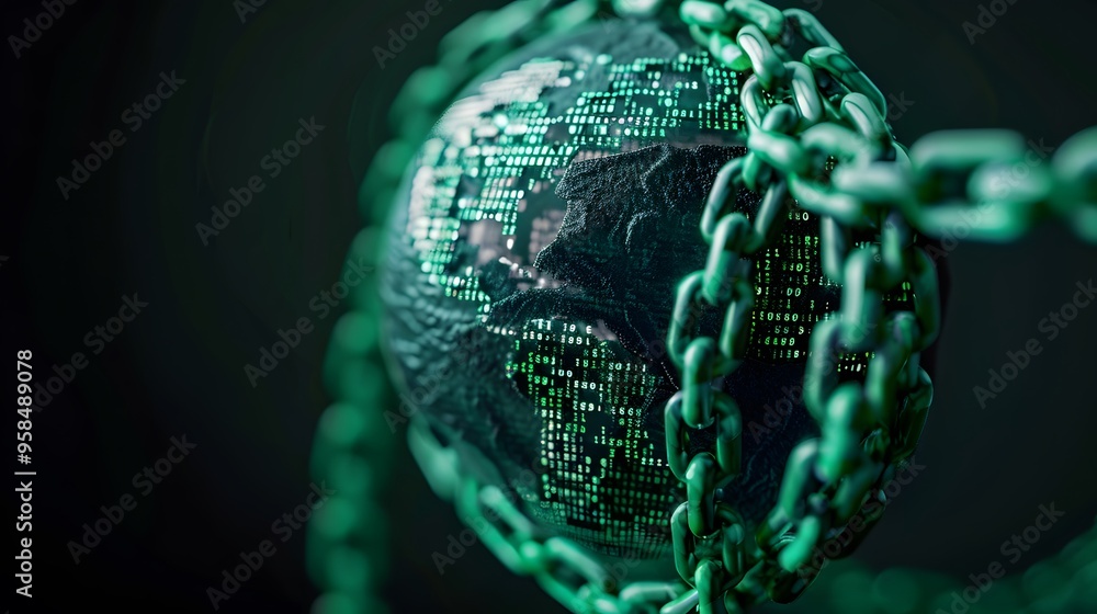 Poster digital globe wrapped in chains symbolizing cybersecurity, data protection, and digital security in 