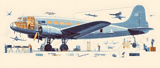 Detailed illustration of airplane repairs and maintenance showing various stages and tools used in aviation engineering and mechanics.