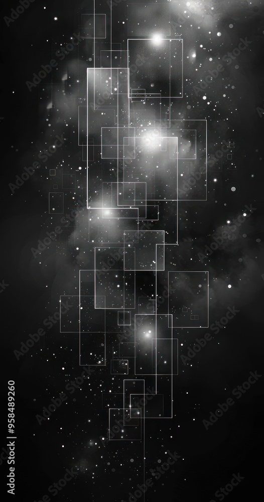 Poster black background with white and gray squares arranged in an abstract pattern