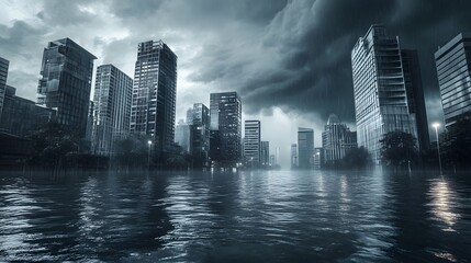 Fototapeta premium Dramatic flood in modern city with dark storm clouds, showcasing the power of nature over urban structures, symbolizing climate change effects.