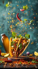 Fototapeta premium commercial food photography; BBQ TACOS and a craft beer surrounded by some spices flying in the air against a plain teal background, studio light --chaos 25 generative ai