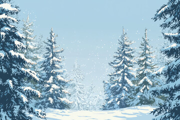 Fototapeta premium Winter Wonderland: A Serene Forest Cloaked in Snow, Softly Falling Through a Pale Blue Sky