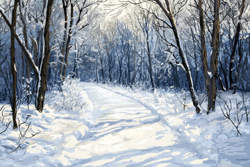 Obraz premium A Path Through Winter's Embrace: A snowy path winds through a frosty forest, inviting you to explore a world of serene beauty.