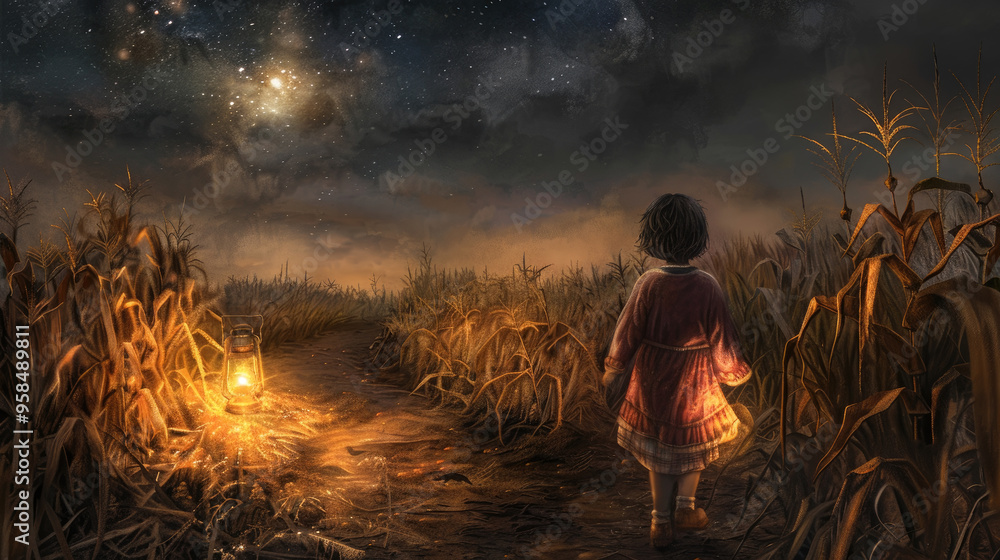 Poster a child walks down a cornfield path at twilight, with a glowing lantern guiding the way under a vast