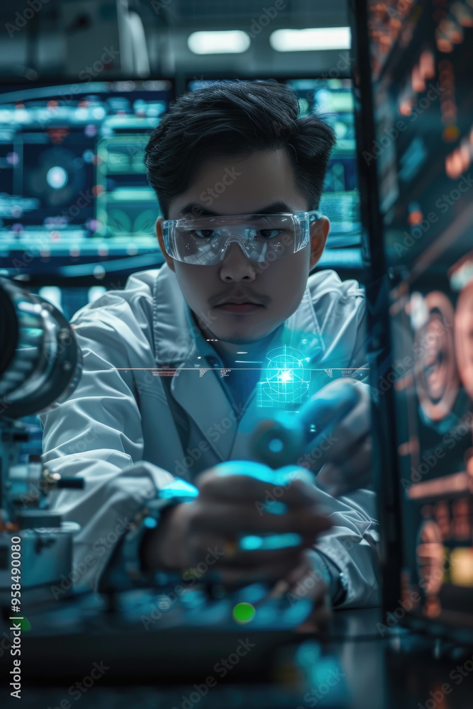 Poster a researcher in protective goggles focuses on a holographic display, manipulating tools and data in 