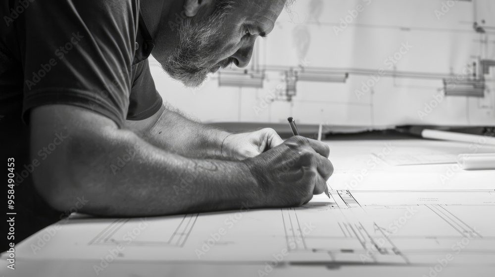 Poster an experienced architect intently draws precise blueprints on a large drafting table filled with pla