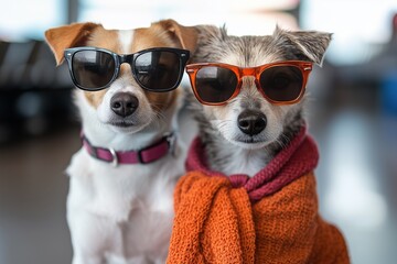 Dogs with sunglasses in the airport terminal on holiday