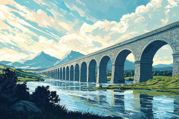 Fototapeta premium A Majestic Stone Bridge Arches Over a Serene River, Its Reflection Mirroring the Tranquil Sky and Lush Green Hills.