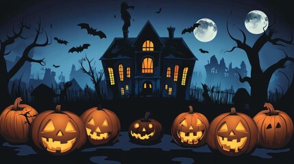 Halloween background with pumpkins and haunted house
