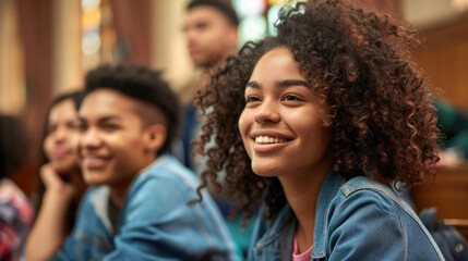 Obraz premium A group of cheerful students actively participates in a classroom discussion, showcasing enthusiasm and engagement