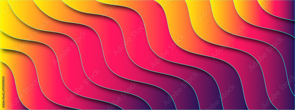 Poster Wavy Abstract Paper Cut 3D Layered Design in Red and Yellow Gradient. Creative illustration in halftone style with gradient. Colorful geometric sample with gradient curves.