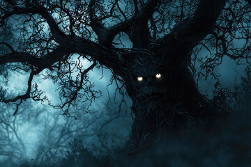 Naklejka premium The Eyes of the Forest: A gnarled tree with glowing eyes watches from the shadows, a haunting reminder of nature's dark side.