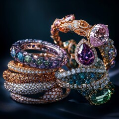 Fototapeta premium Sparkling Elegance: A luxurious collection of handcrafted diamond and gemstone bracelets, each a masterpiece of artistry. The intricate designs and dazzling colors create a symphony of sophistication 