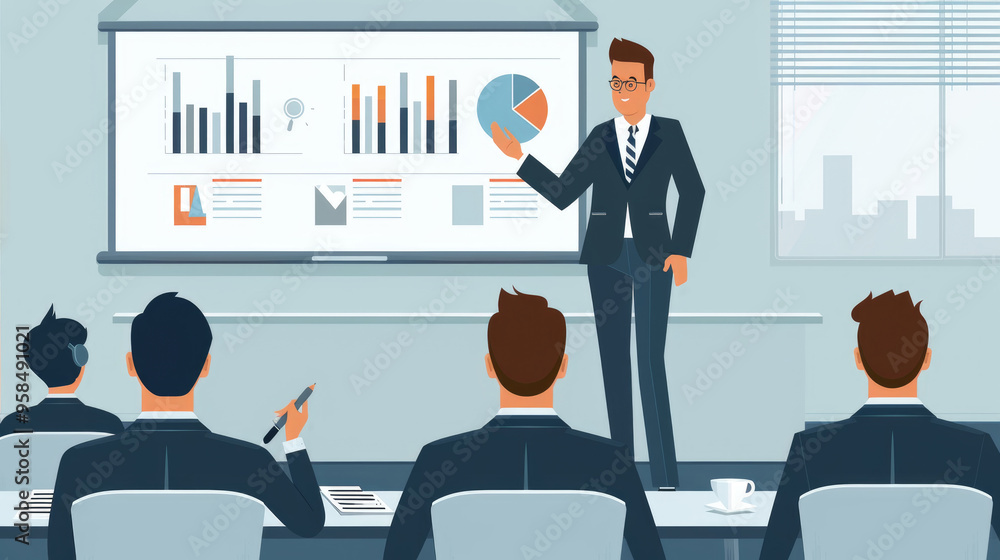 Poster a business professional explains data insights and analytics to attentive colleagues during a meetin