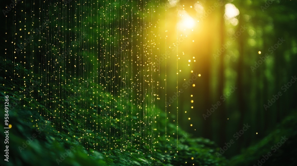 Poster sunlight filtering through trees in a lush forest with a magical sparkling effect.