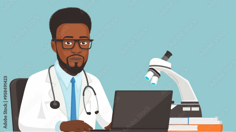Poster a focused scientist in a lab coat uses a laptop at a desk with a microscope, showcasing research in 