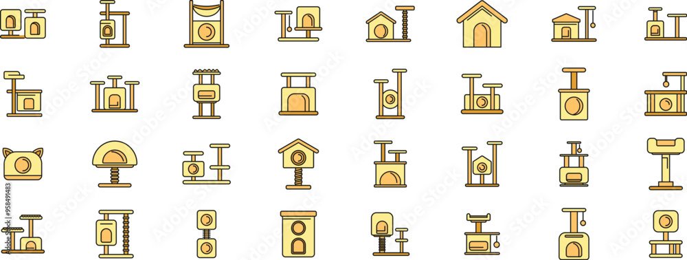 Poster large set of cat trees and scratching posts with hammocks and houses icons showing a variety of styl