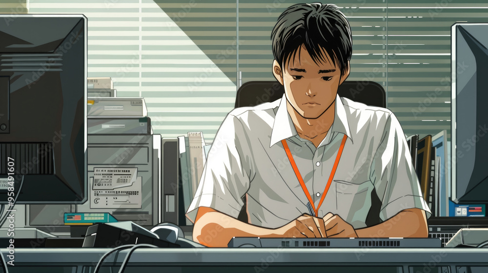 Poster a young man with a serious expression is focused on his tasks at a cluttered office desk surrounded 