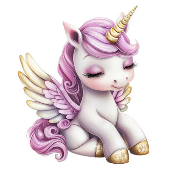 Dibujo de un bello unicornio sentado sobre sus patitas, con un cuerno dorado en su cabeza, pelo largo morado y alas desplegadas, sobre fondo transparente  