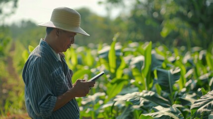 Agriculture technology, with a farmer checking data on a smartphone