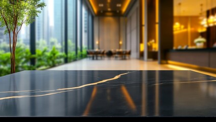 Fototapeta premium Beautiful Black Marble Tabletop with a Blurred Modern Kitchen Background
