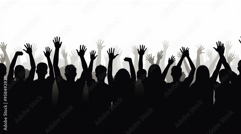 Wall mural black silhouette of cheering crowd at concert or nightclub party