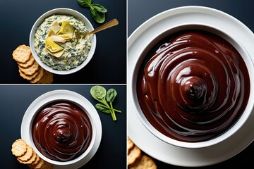 Modern Spinach Artichoke Dip and Decadent Chocolate Fondue Delightful Snack and Dessert Dips on Vibrant and Dark Backgrounds