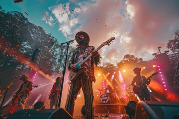 Bohemian Musician Playing Acoustic Guitar at Sunset Festival