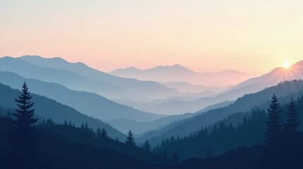 Obraz premium Scenic vector landscape with misty mountains and vibrant sky