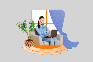 Composite photo collage of astonished businesswoman speak iphone device home work occupation...