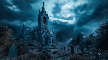 Obraz premium Halloween night by the old church under the moonlit sky. Halloween ghost cemetery with dark clouds. Graves in the cemetery at dusk. Spooky dark night full moon 