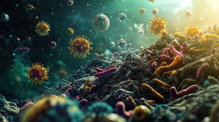 Fototapeta premium Trash infested with visible germs and bacteria, depicting contamination with space for spreading awareness.
