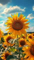 Obraz premium Sunflowers Field Blooming Yellow Flowers Against Blue Sky