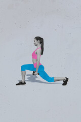 Creative poster collage banner of girl doing exercise with dumbbells on grey color background
