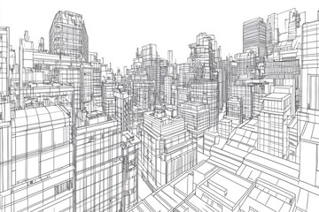 Line art depiction of urban architecture in a three dimensional style
