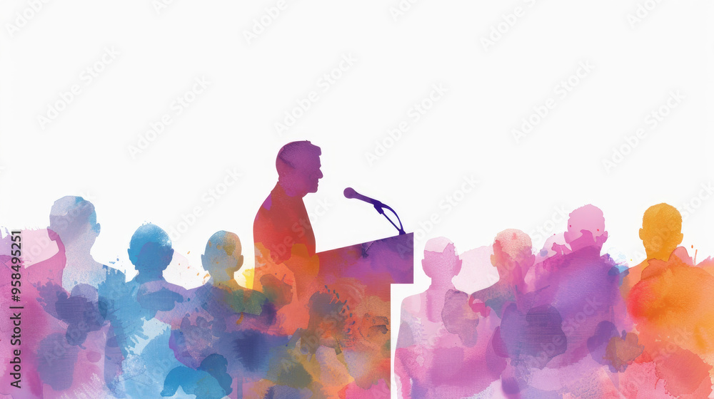 Poster a speaker captivates an audience with a colorful watercolor backdrop, creating an engaging atmospher