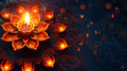 Indian festival Diwali, Diya oil lamps lit on colorful rangoli. Copy space.